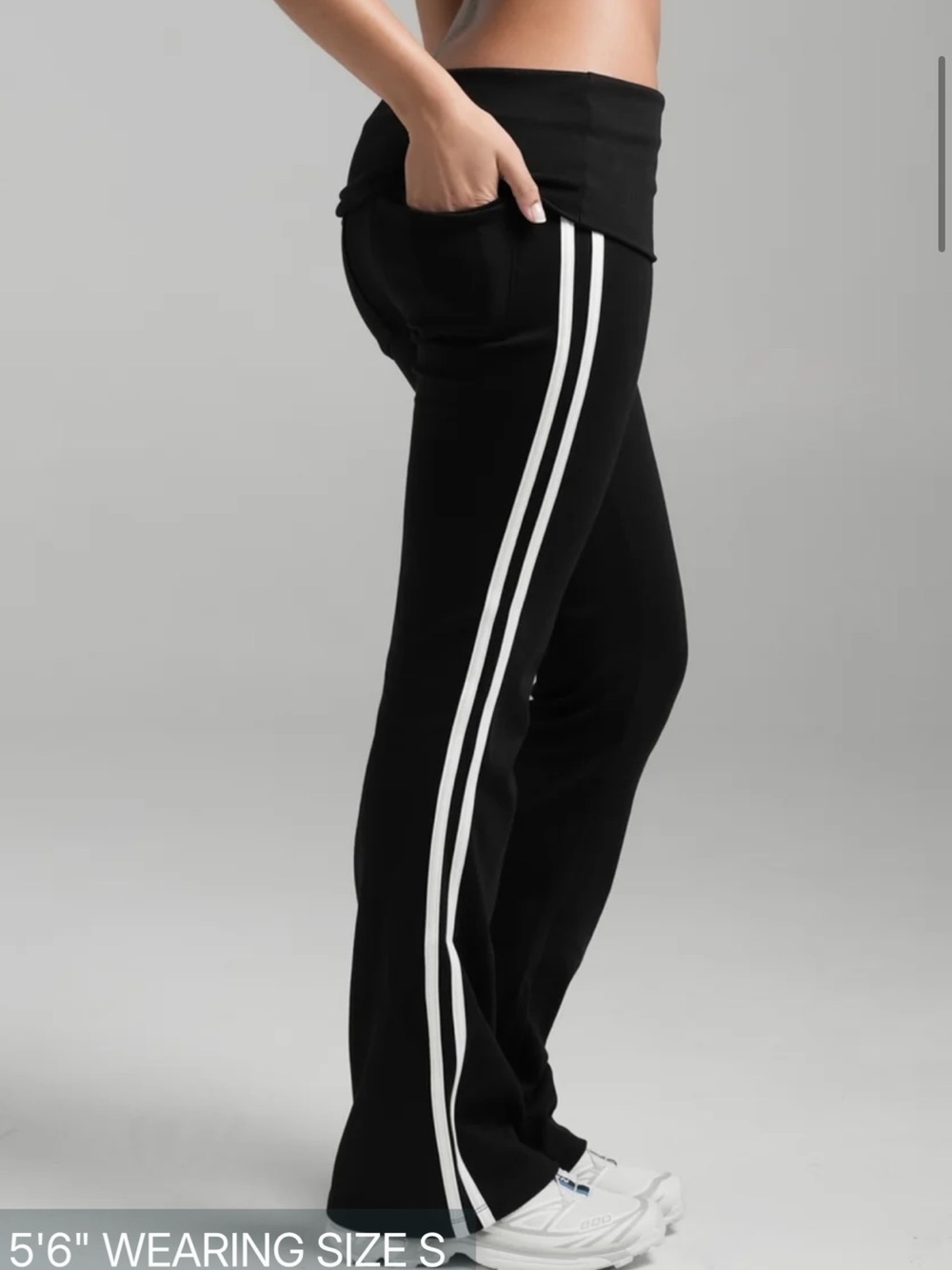 Black Fold-Over Waist Pants with Side Stripes